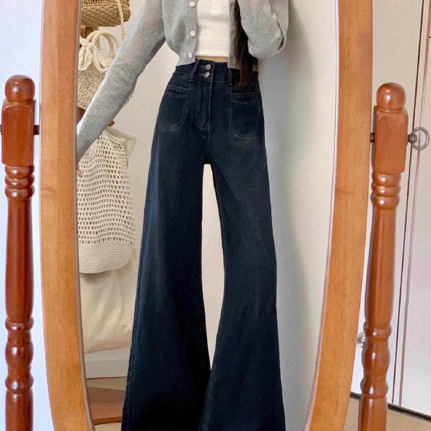 梨型身材复古蓝牛仔裤女秋冬加绒胖妹妹mm高腰宽松遮胯显瘦阔腿裤