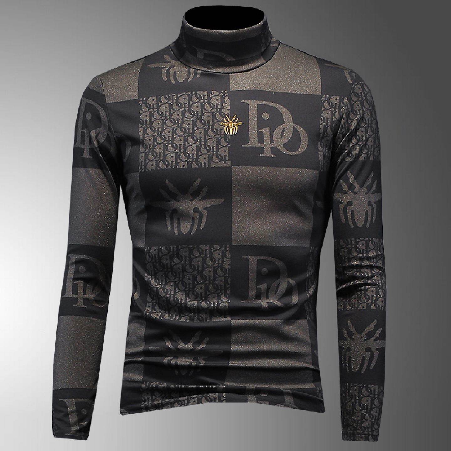 秋冬丝光棉薄绒加厚长袖恤男高领打底衫潮流刺绣内搭恤衫潮男装简