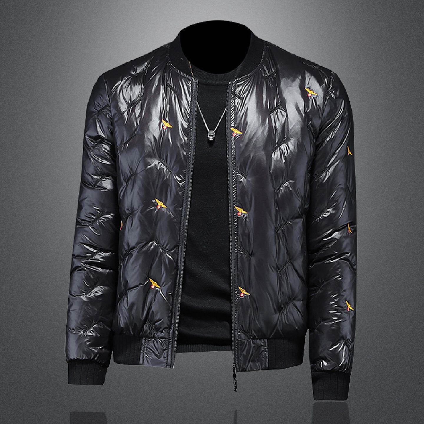 2026欧洲站刺绣羽绒服男士冬季短款潮牌休闲韩版修身保暖立领大码