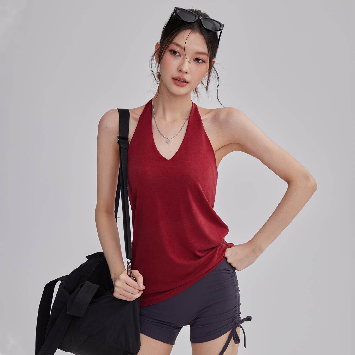 美背瑜伽服女外穿带胸垫法式v领健身上衣普拉提训练挂脖运动背心