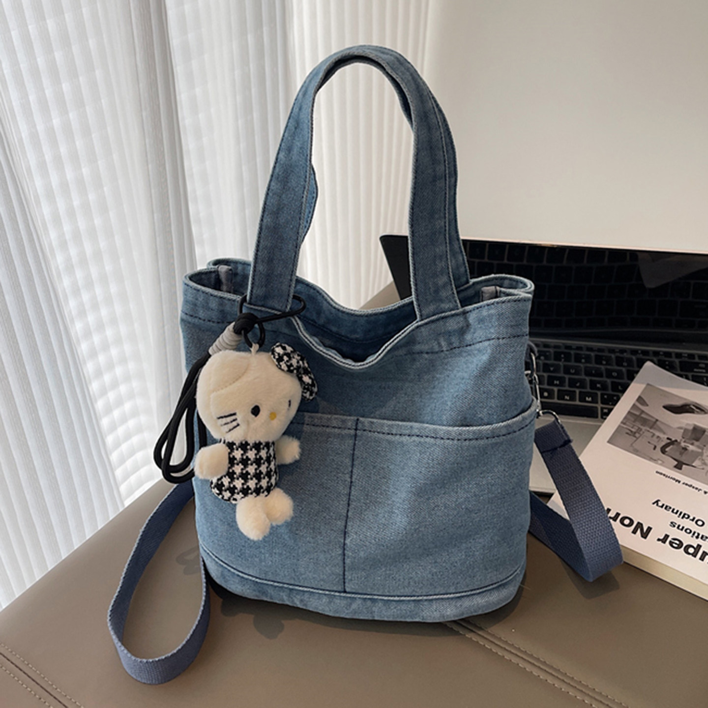 小众简约时尚百搭牛仔布水桶包女帆布袋上班通勤单肩包斜挎手提包
