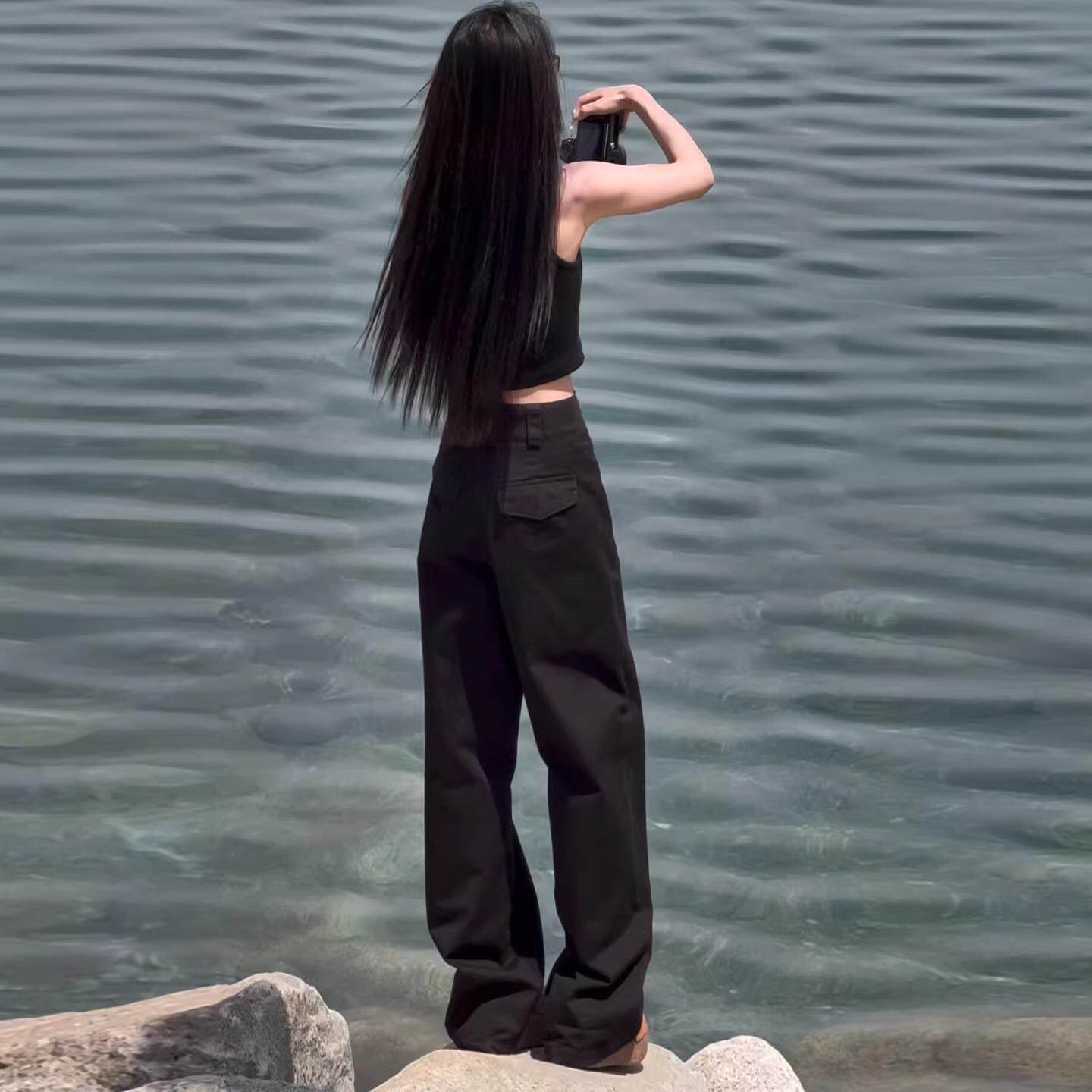 黑色美式酷飒阔腿工装裤女秋冬款2025新款高腰窄版直筒西装拖地裤