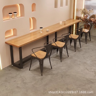 靠墙铁艺长条窄桌子原木快餐烧烤店实木吧台桌酒吧窗边矮桌椅组合
