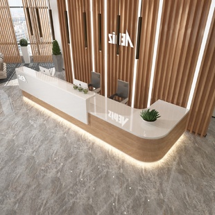 公司烤漆前台接待台木纹收银台美容院导诊台现代简约转角吧台定制