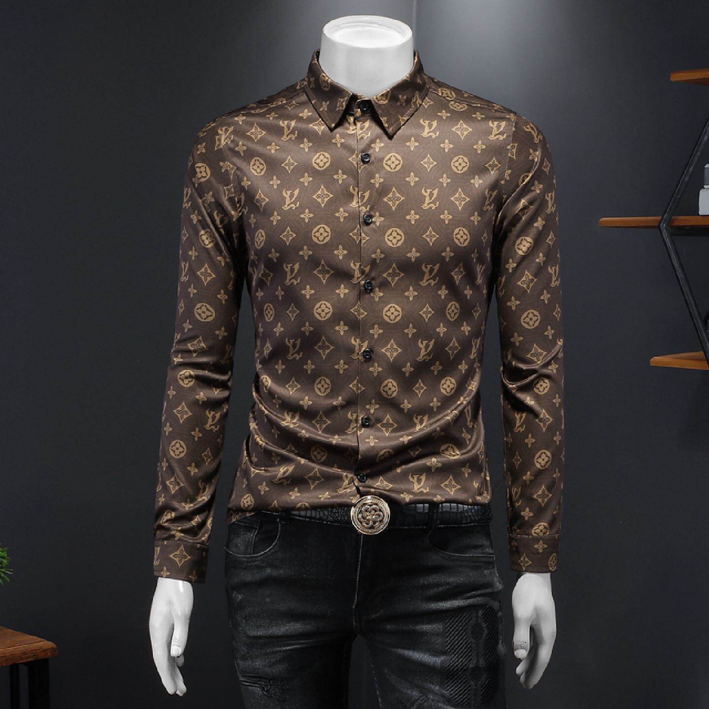 欧洲站春秋季印花衬衫男士青年潮流韩版修身高端免烫长袖衬衣大码