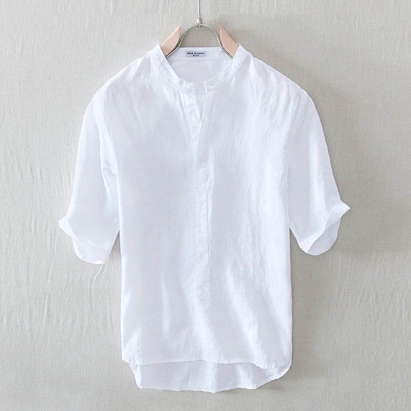 夏季薄款中国风立领短袖亚麻衬衫男宽松polo半袖棉麻白色T恤上衣