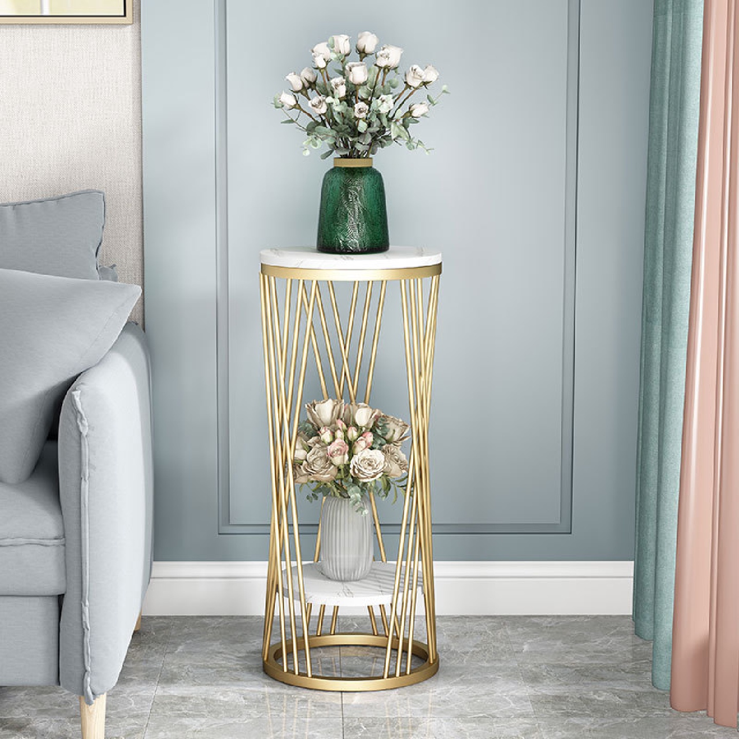 北欧铁艺室内花架轻奢大理石摆件客厅落地式置物架简约花架子