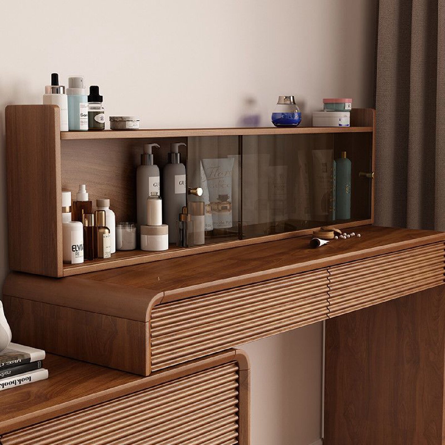 新中式实木梳妆台斗柜小户型中古风卧室转角化妆台床头收纳柜书桌