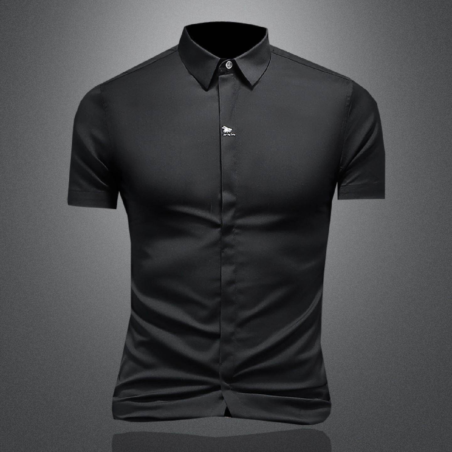 欧洲站白色衬衫男短袖夏季暗扣商务休闲免烫刺绣韩版修身内搭衬衣