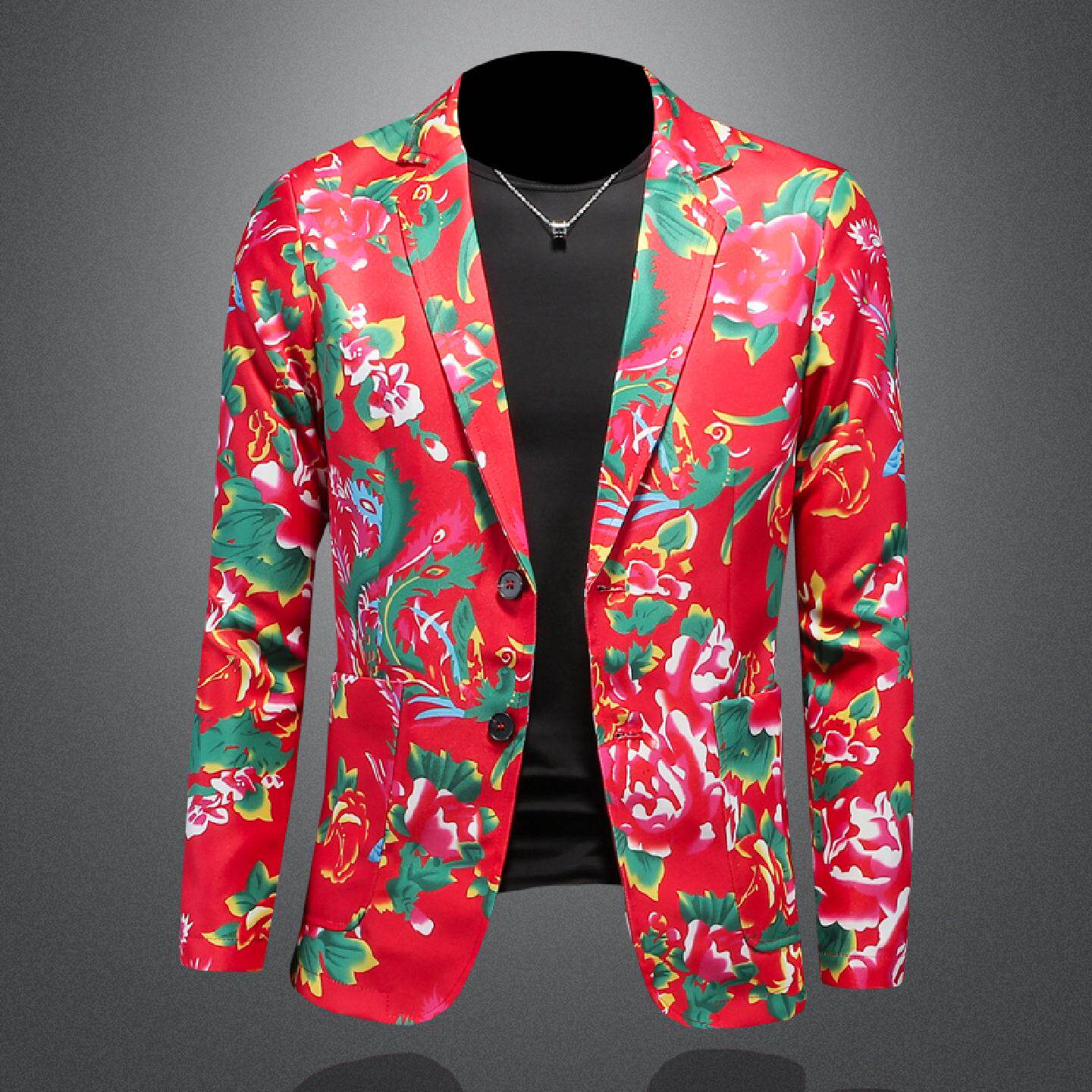 欧洲站休闲西服男外套春秋季潮牌设计感东北大花红色时尚单件西装
