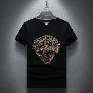 2026夏季韩版修身烫钻欧洲站短袖恤男圆领社会精神小伙长袖大码潮