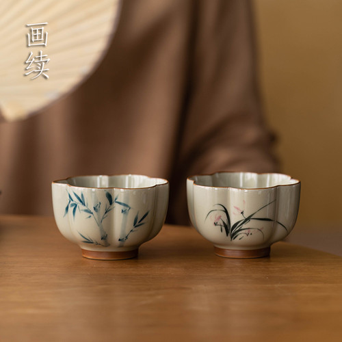 画续草木灰手绘兰花主人杯单杯女功夫茶具茶杯单个茗杯男陶瓷