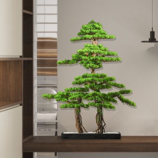 装 禅意仿真迎客松盆景摆件客厅玄关角几景观造景仿真植物软装 饰品