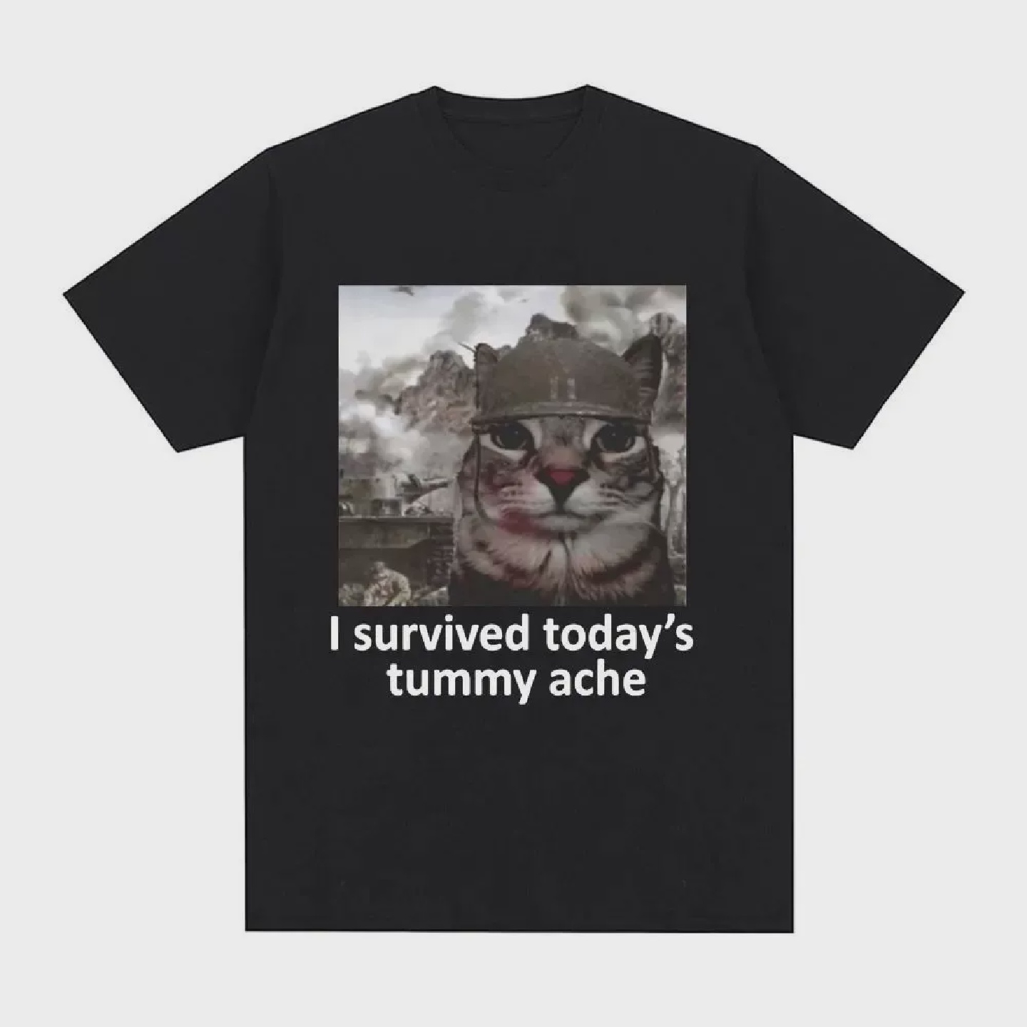 I Survived Today's Tummy Ache T-Shirt Funny Cat Meme Short S