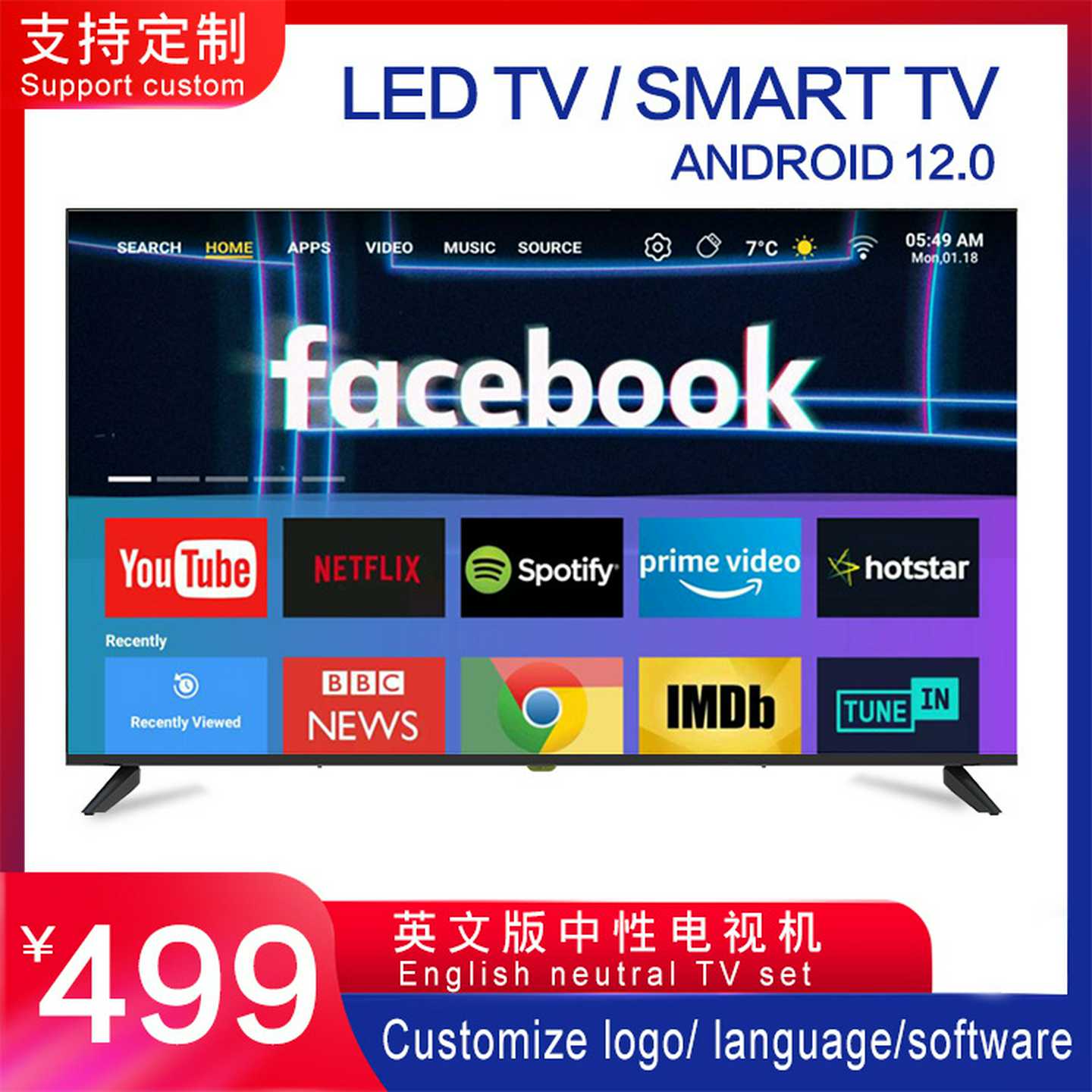 ledtv32/43/50/55/65寸英文中性smarttv4K智能网络液晶电视厂家