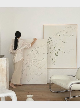日式原木风装饰画划绿色树枝极简主义绿植壁画划客厅落地画划侘寂