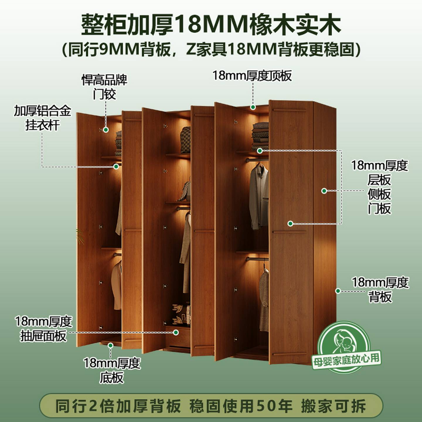 2025新款骨骼线儿童衣柜全实木ENF级免拉手家用定制橡木色收纳柜