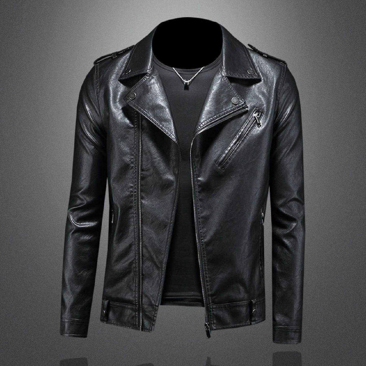 春装新款男士翻领机车风皮衣朋克潮流皮夹克修身帅气休闲外套潮男