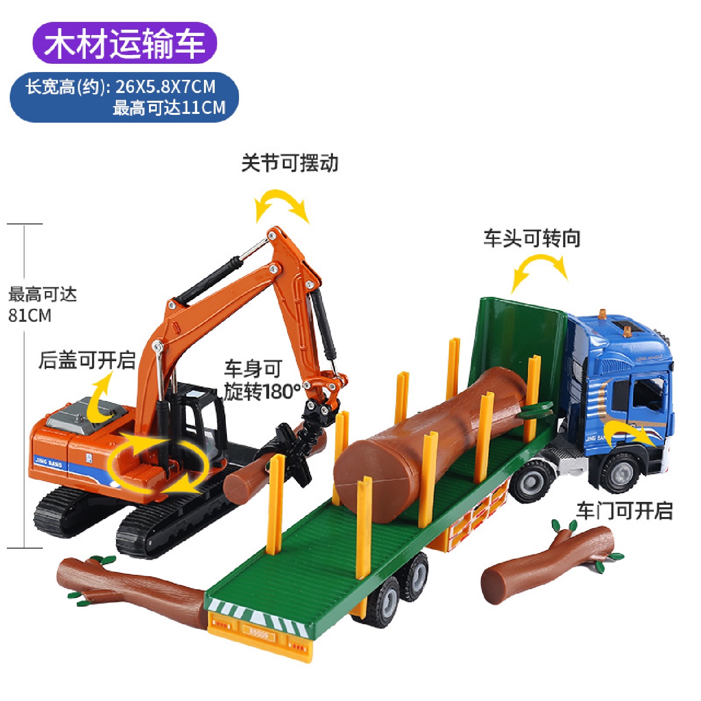 精邦1:50合金木材运输车伐木车运输卡车模型滑行工程车玩具85009