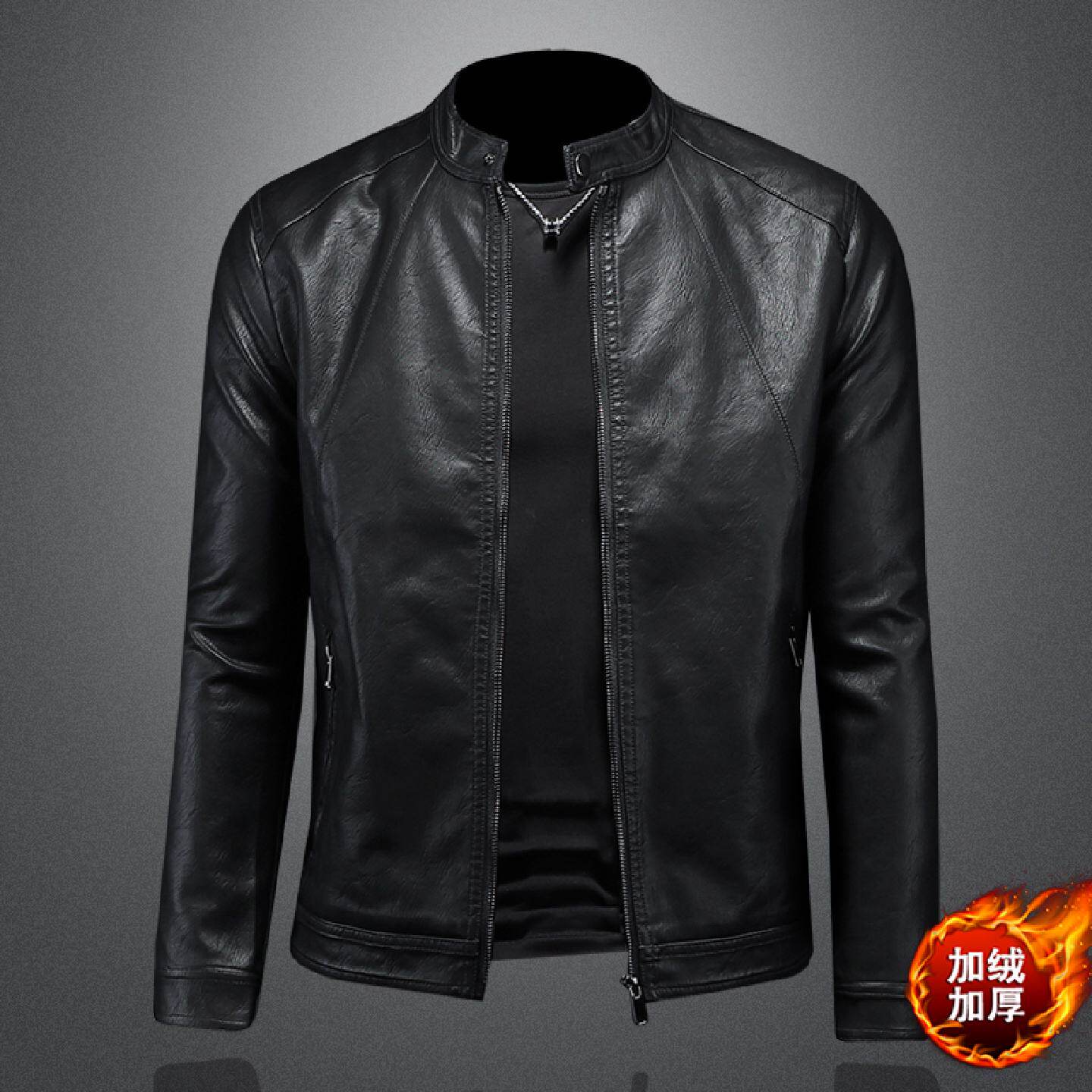 加绒加厚皮衣男简约立领外套年冬季新款潮流修身机车休闲夹克潮男