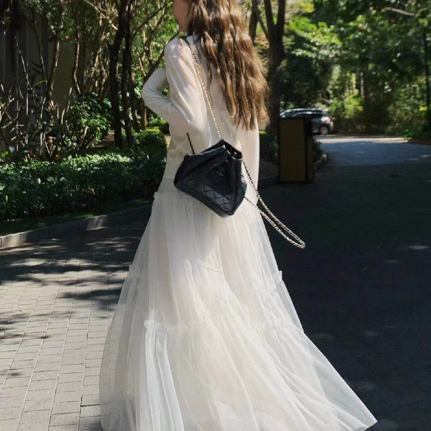 白色网纱a字裙半身裙仙2025新款春秋纱裙女半身高腰长版垂感大摆