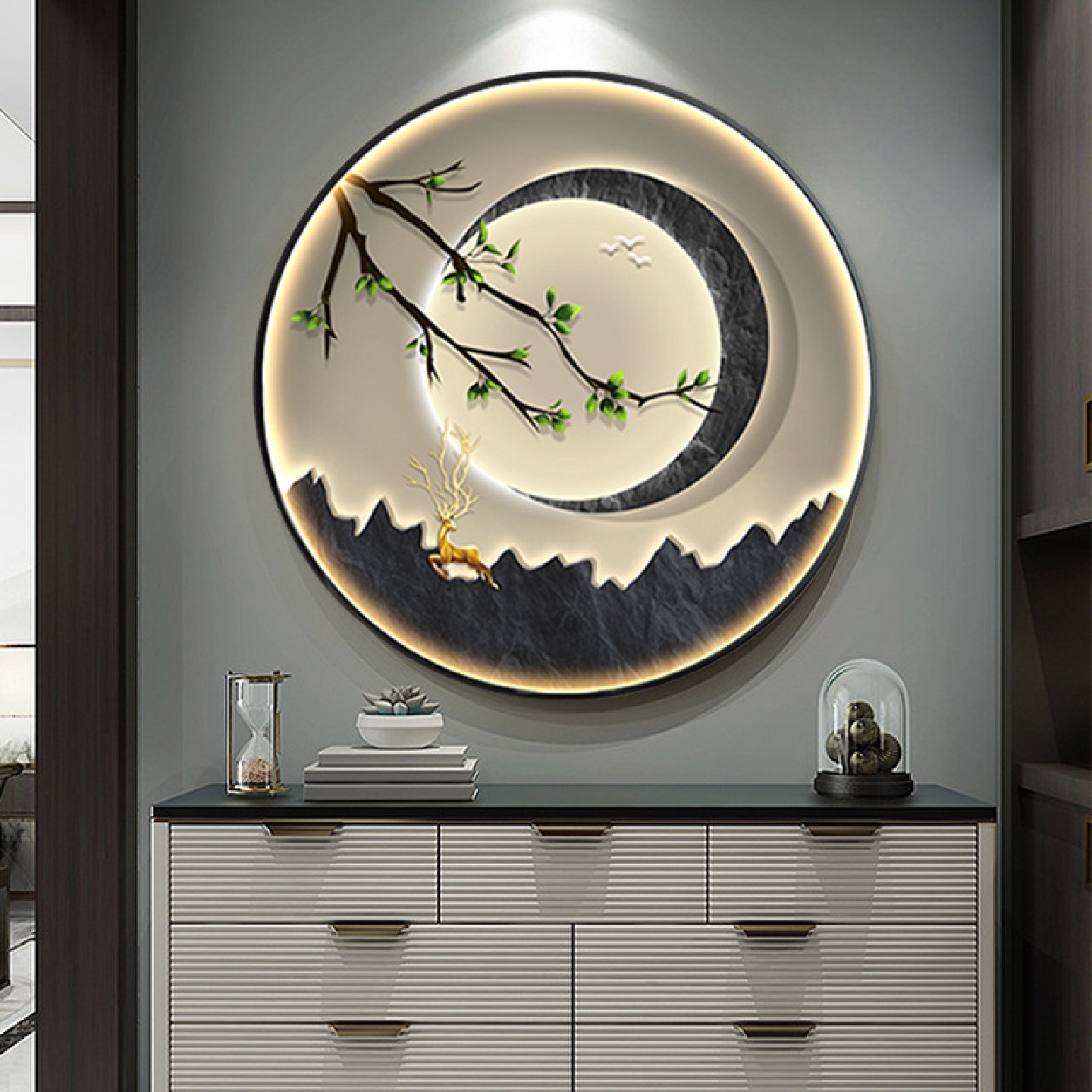 高级感玄关装饰画创意led灯画圆形挂画意式麋鹿餐厅背景入户墙画图片