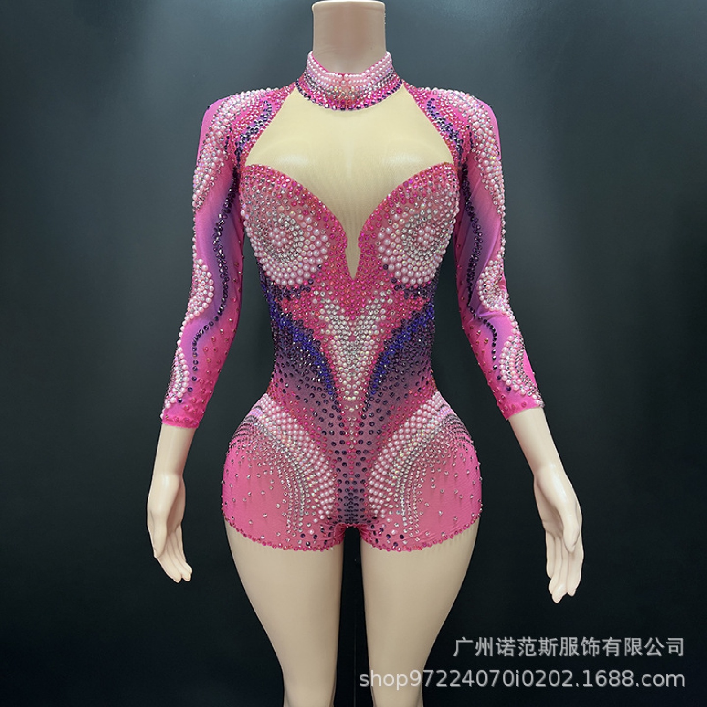 新款多巴胺显白亮钻塑身连体衣时尚潮服女团打歌服乐队领舞演出服