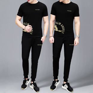 男士夏天休闲套装运动夏季胖子潮流短袖长裤老鹰冰丝手感两件套潮