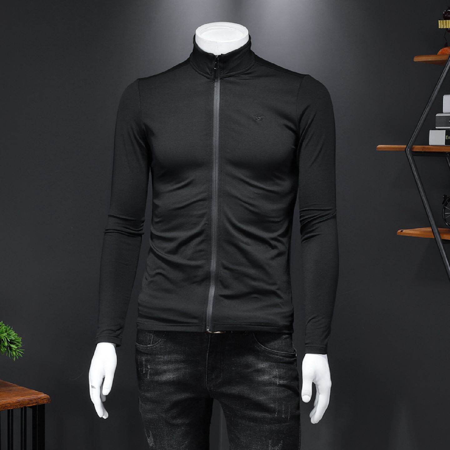 春装丝光棉长袖恤半高领拉链开衫男修身薄款外套纯色骑行服体恤潮