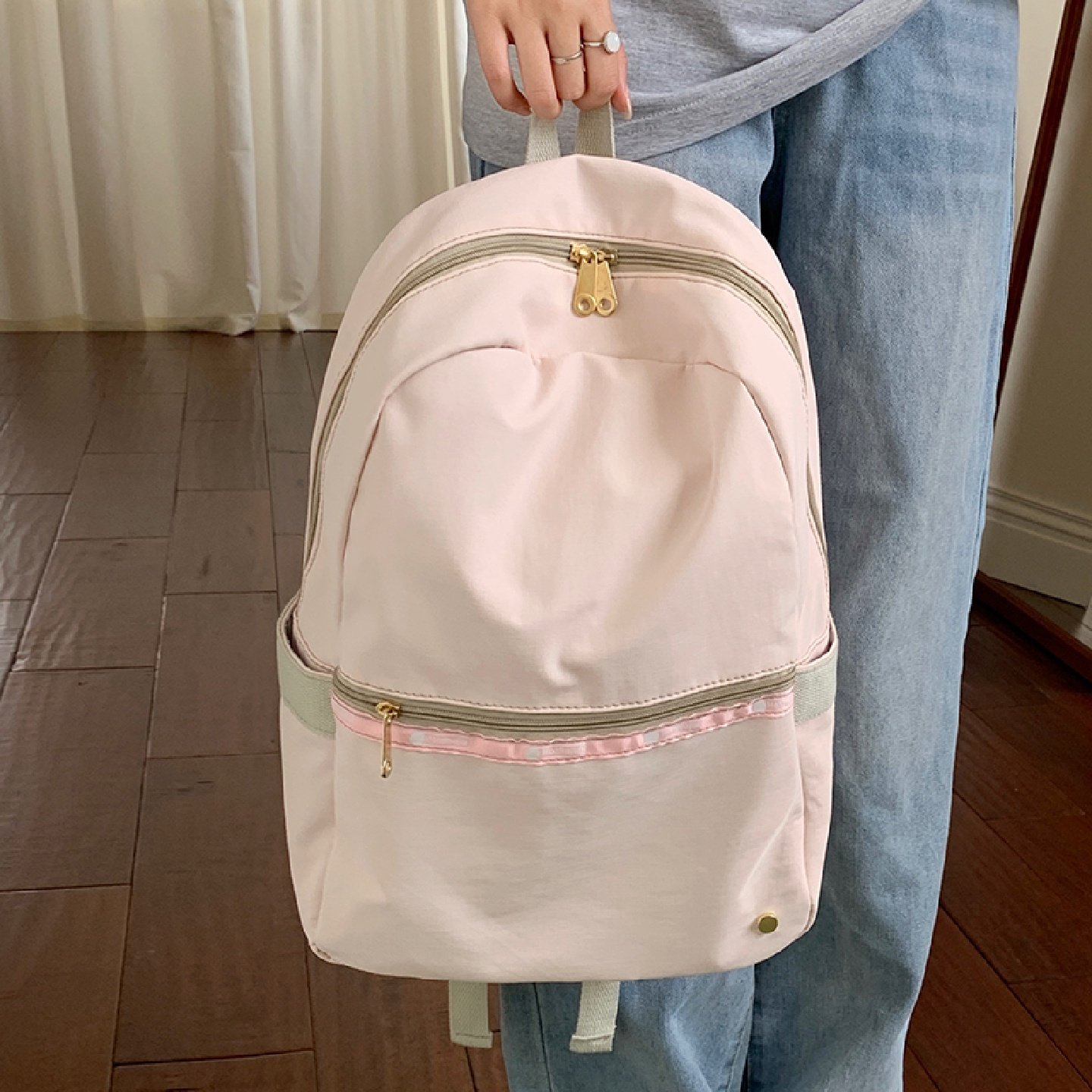 韩系2025新款浅粉色双肩包女大容量通勤百搭简约学生书包旅行背包