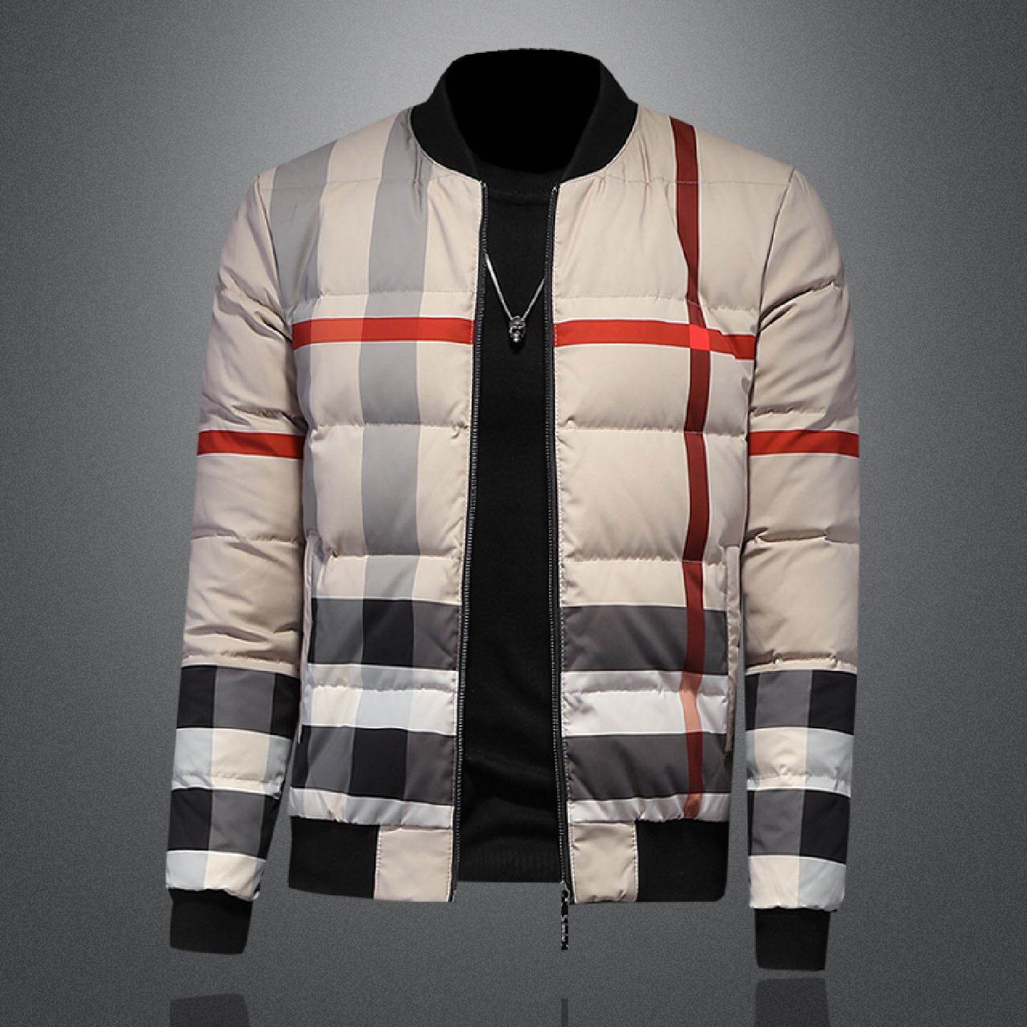 2026欧洲站格子羽绒服男士青年立领韩版修身加厚白鸭绒大码休闲外