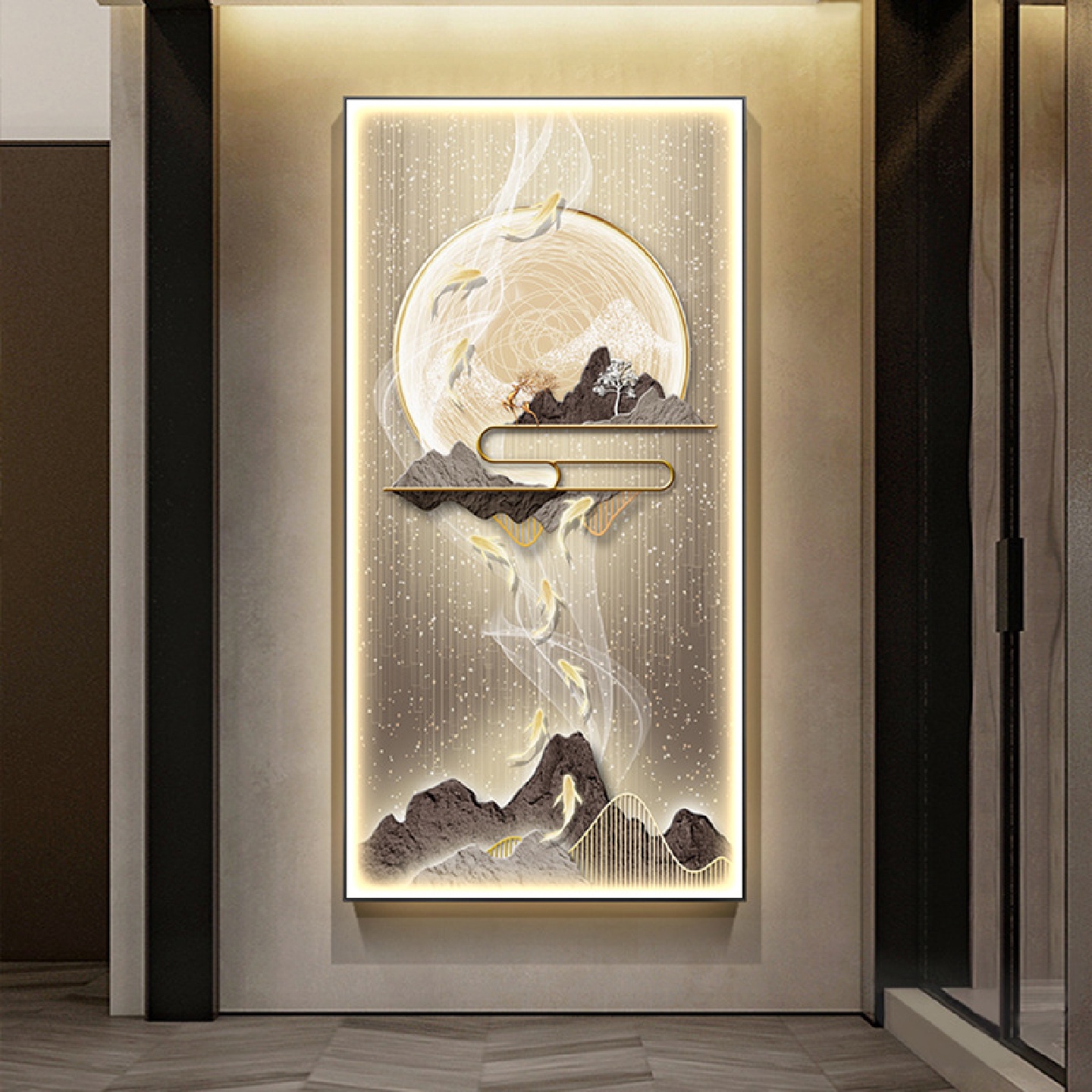 九鱼图玄关装饰画led灯竖版福鹿山水壁画新中式入户走廊过道挂画
