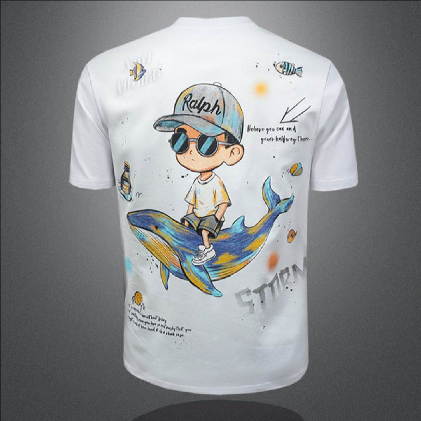 新款夏装男士修身短袖恤衫卡通彩色印花圆领体恤棉衣服潮流潮男装