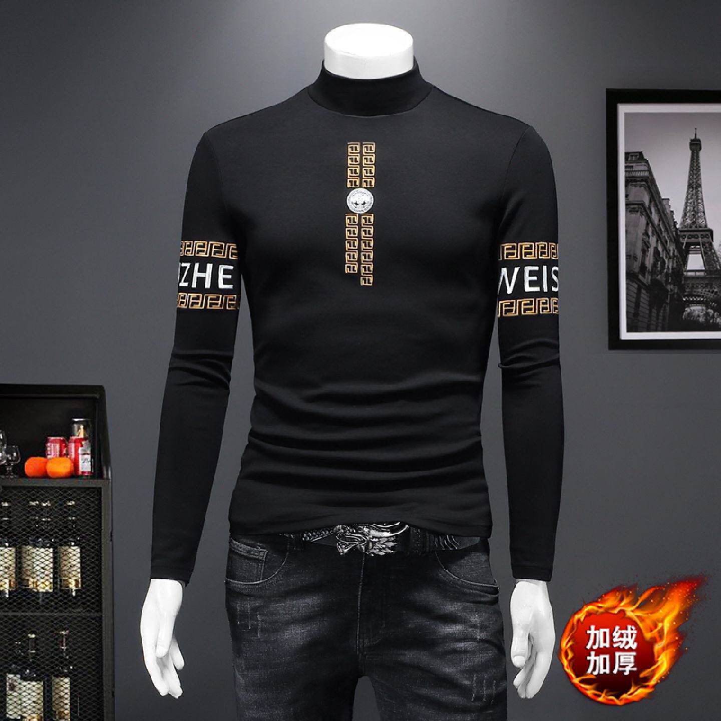 欧洲站男士打底衫半高领秋冬季新款修身内搭恤纯棉长袖恤潮牌潮男