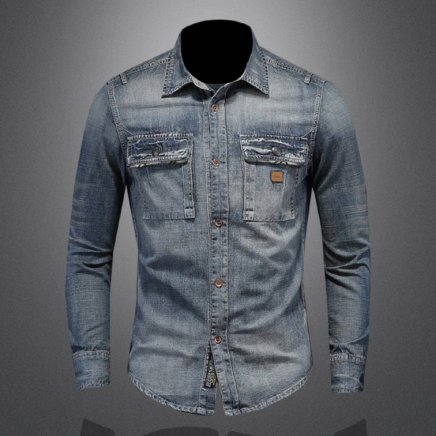 2026欧洲站长袖牛仔衬衫男装春季新款韩版炸街修身水洗复古休闲衬
