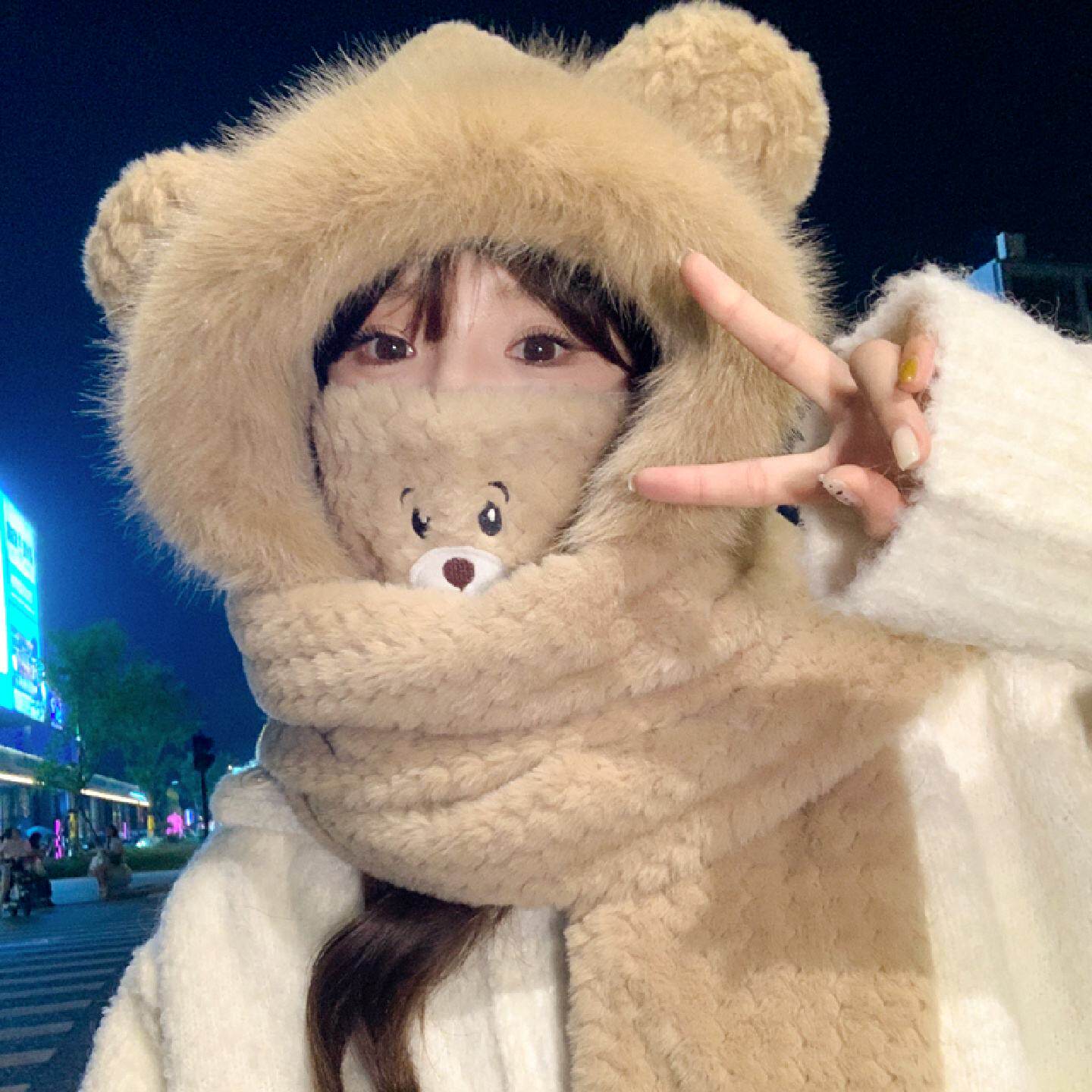 帽子女冬2025新款小熊可爱加厚东北防寒围巾手套一体骑车保暖围脖