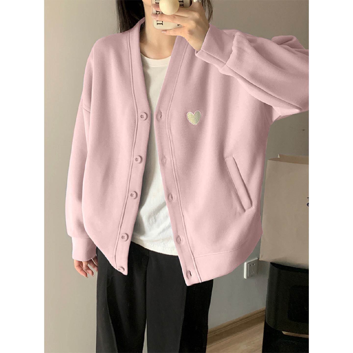 开春粉色卫衣外套女款春秋薄款v领开衫韩系慵懒风休闲设计感上衣