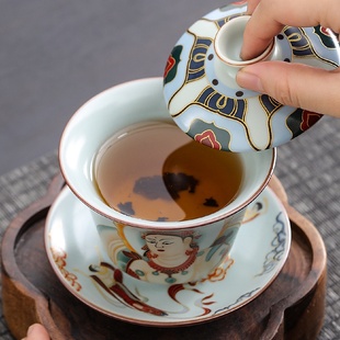 青花金银错羊脂玉高档单个家用三才泡茶碗 敦煌可旋转悬停盖碗中式