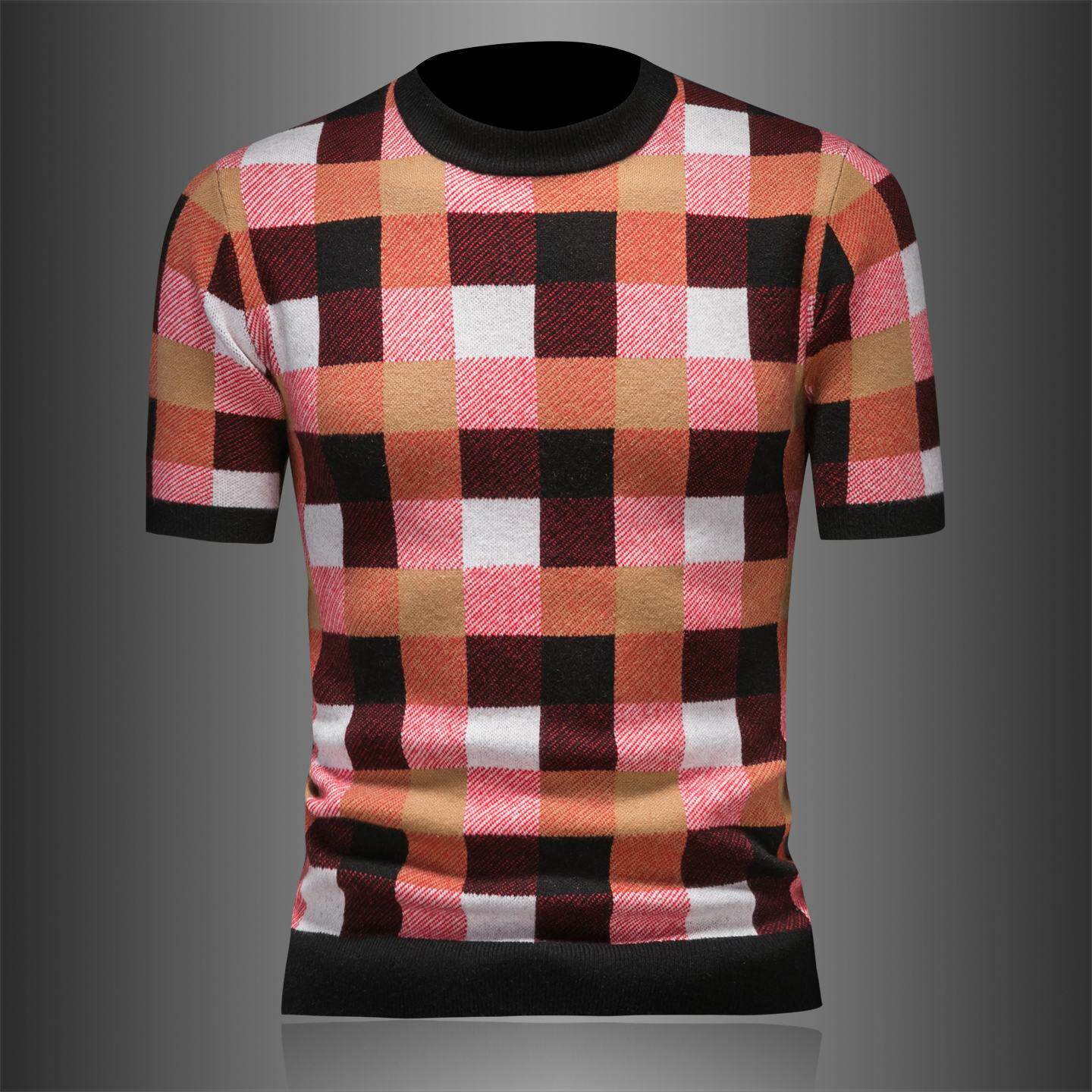 欧洲站格子圆领短袖毛衣男秋冬季新款潮牌半袖针织保暖羊毛衫潮男