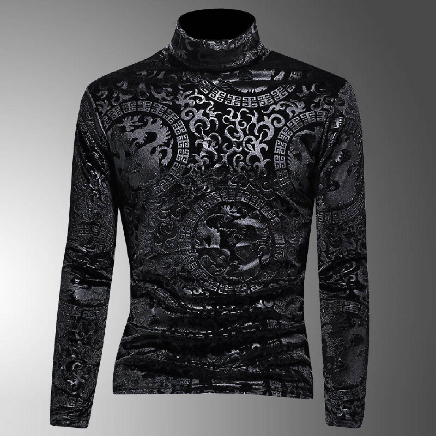 潮流暗花纹高领打底衫男装秋冬加绒保暖内搭小衫金丝绒修身恤衫潮