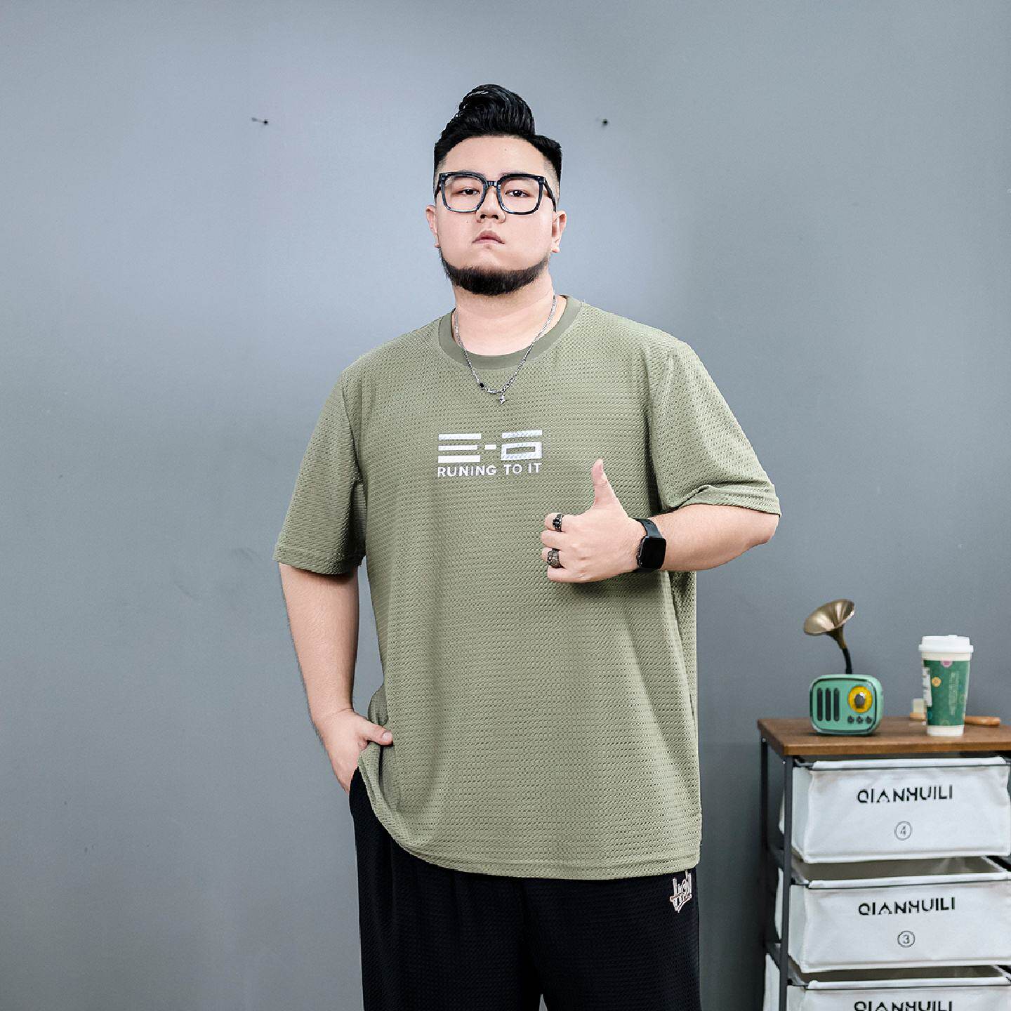 凉感速干冰丝T恤男夏季薄款网眼宽松加肥加大码宽松胖子运动短袖
