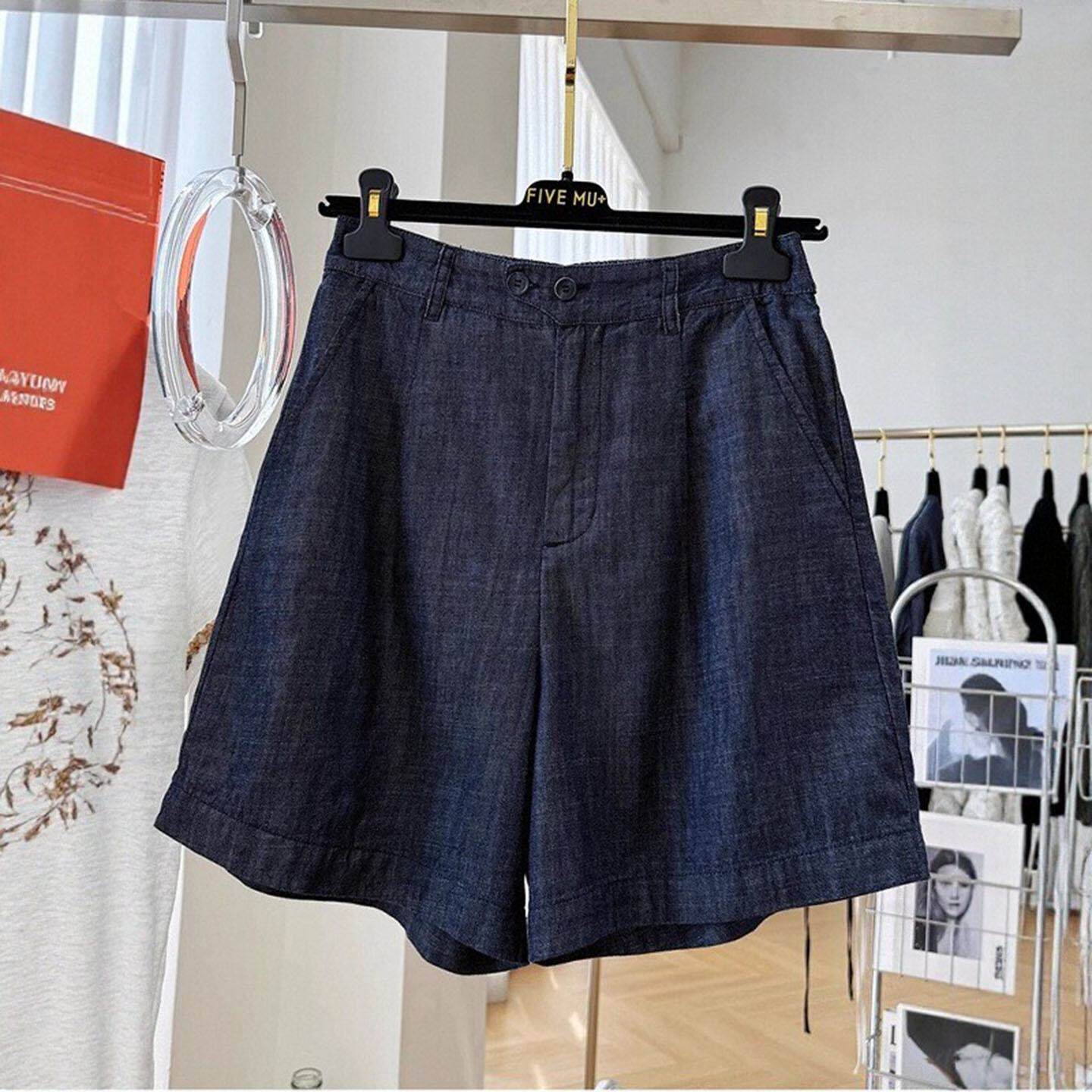 深蓝色复古牛仔短裤女夏季薄款小个子高腰宽松显瘦直筒阔腿五分裤