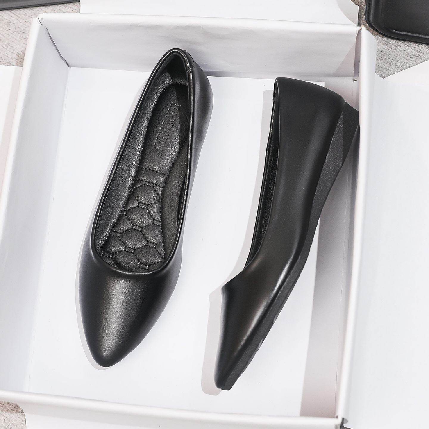 尖头真皮平底厚底工作鞋女职业工装软底黑色软皮上班舒适面试单鞋