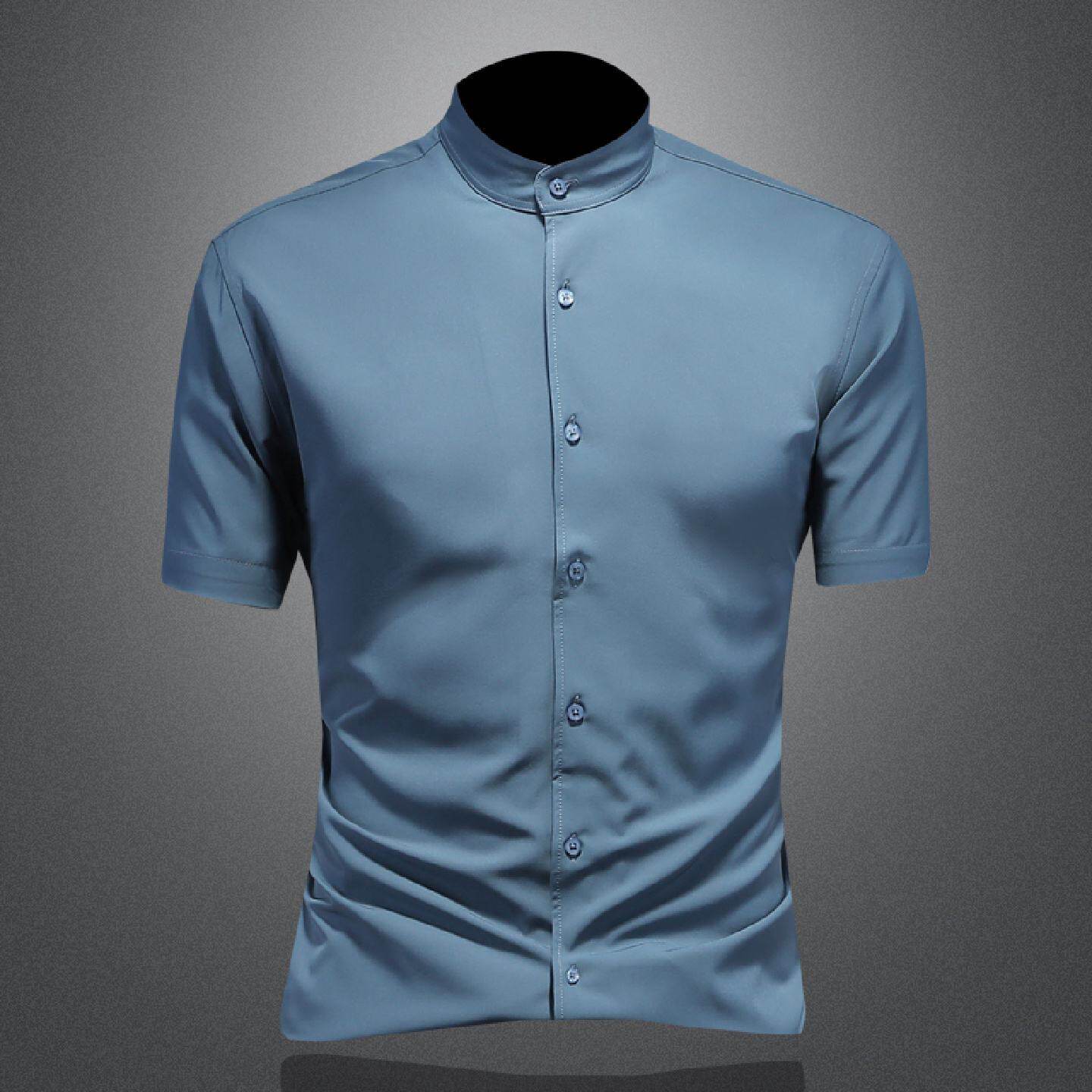 立领衬衫男装短袖夏季新款薄款高级感商务休闲垂感弹力透气衬衣潮