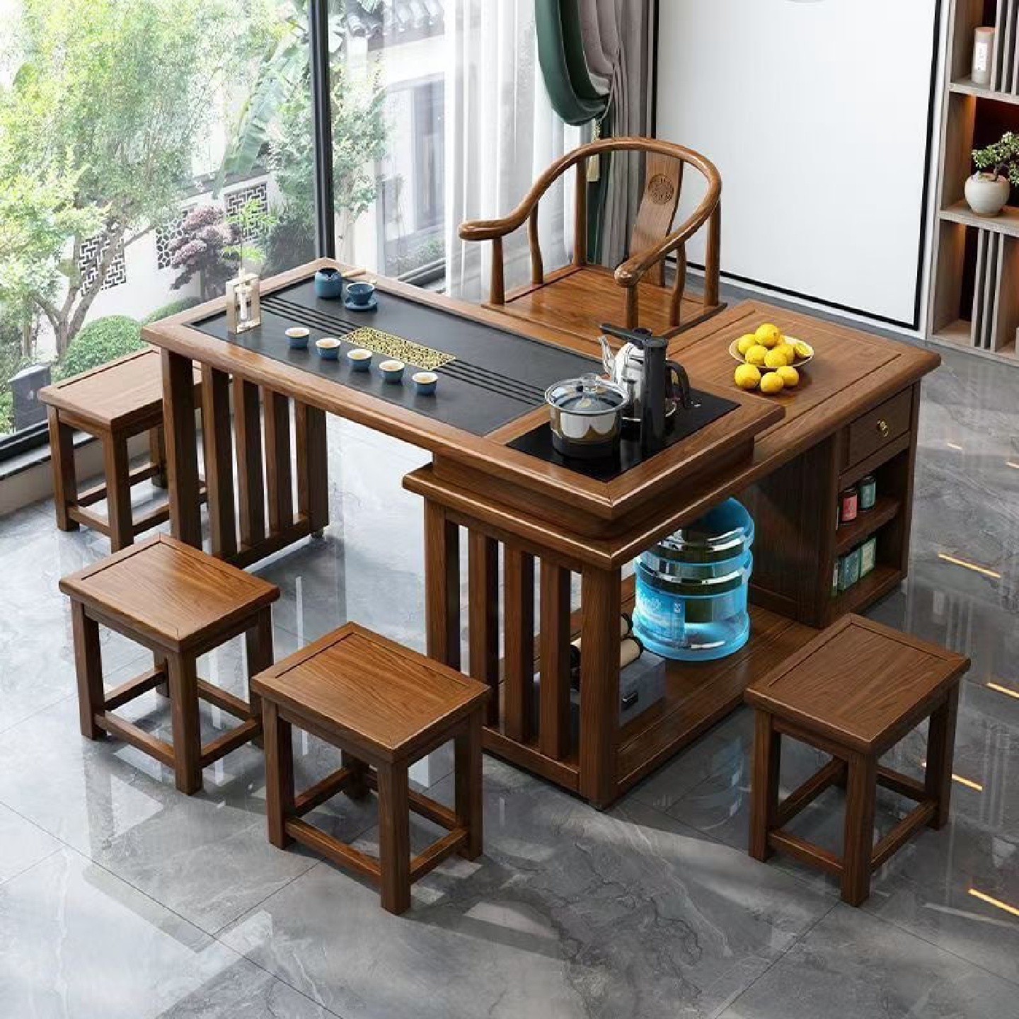 实木旋转茶桌阳台家用移动茶台喝茶桌椅组合小型茶几具烧水壶套装