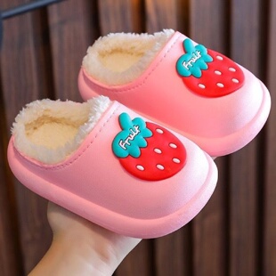 5X儿童棉拖鞋冬季皮质男女童亲子保暖防滑软底防水小孩棉鞋包跟