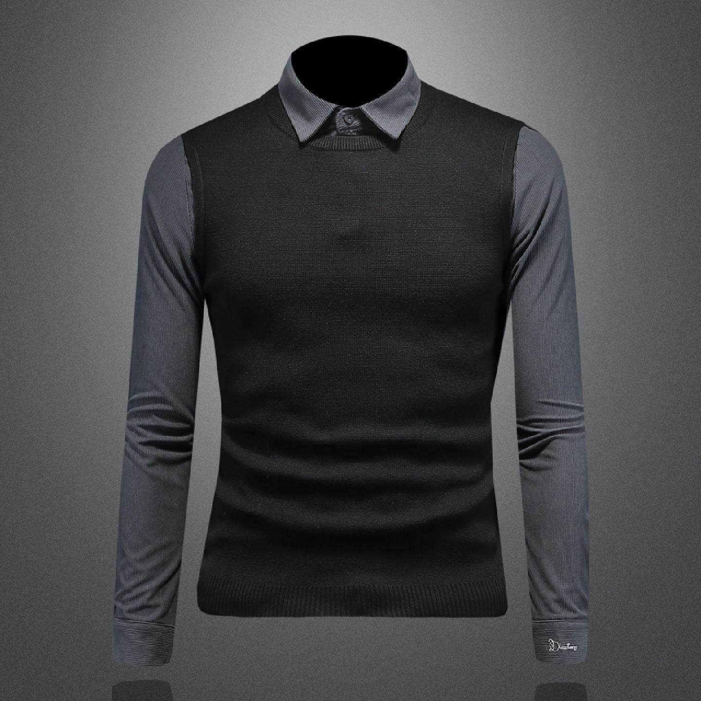 假两件针织衬衫男长袖年秋冬季新款修身复古韩版刺绣衬衣外套潮男