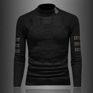欧洲站半高领加厚羊毛衫男冬季新款大码刺绣提花休闲毛衣内搭打底