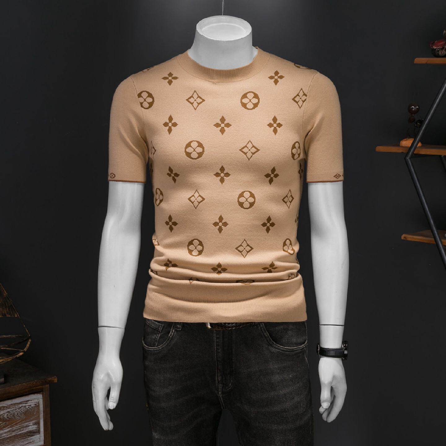 春装欧洲站男士短袖羊毛衫个性针织衫几何图案套头圆领打底衫毛衣
