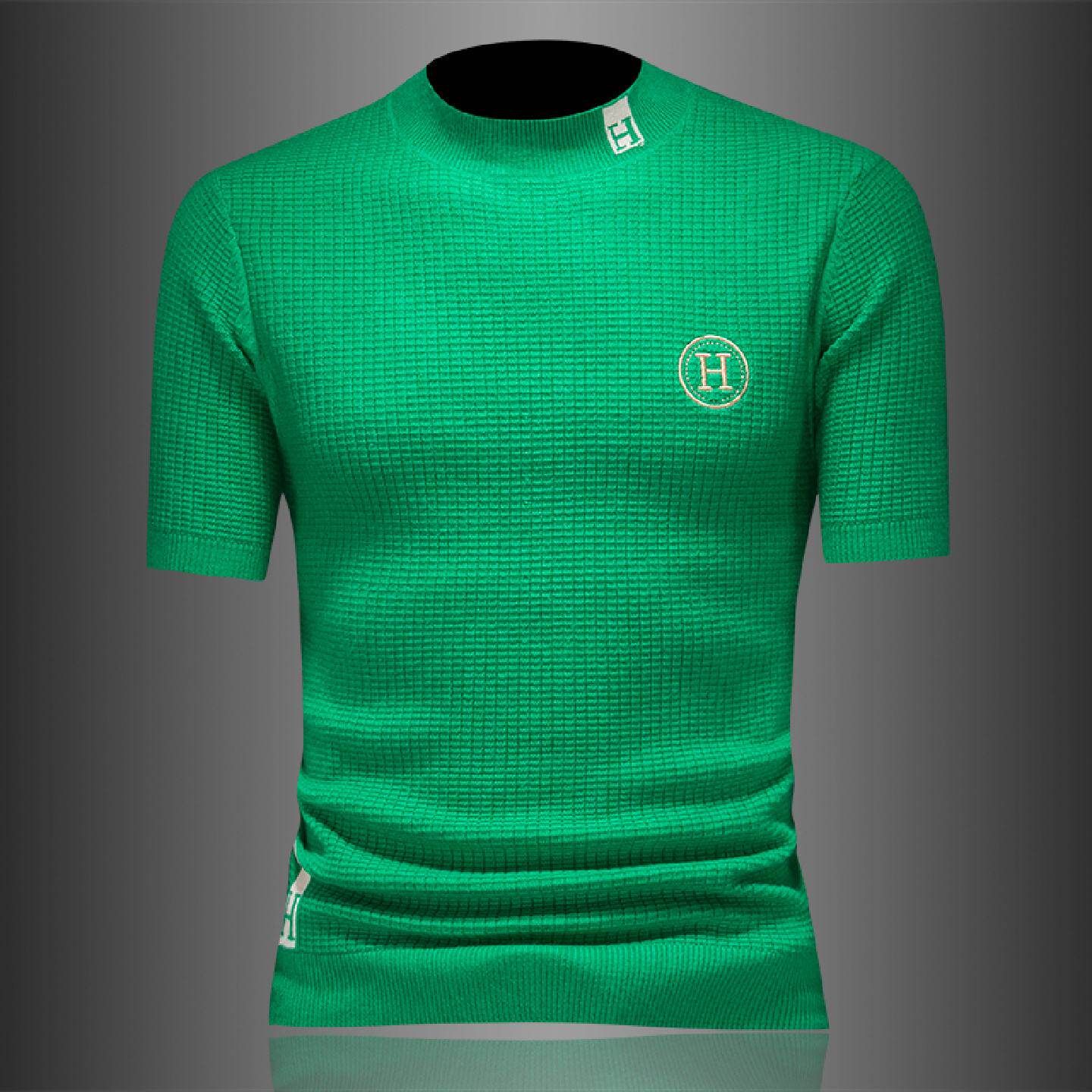 欧洲站刺绣半高领短袖羊毛衫男士秋冬季新款潮牌修身半袖打底毛衣